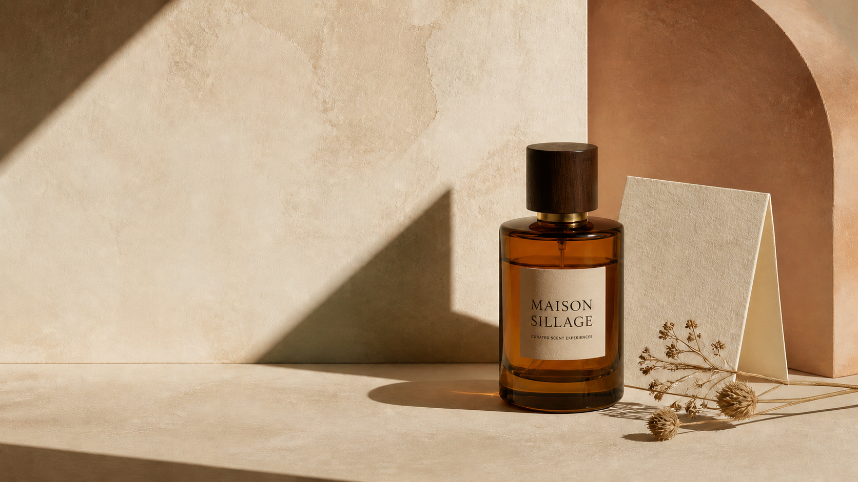 Amber perfume bottle beside an ivory card and dried botanicals