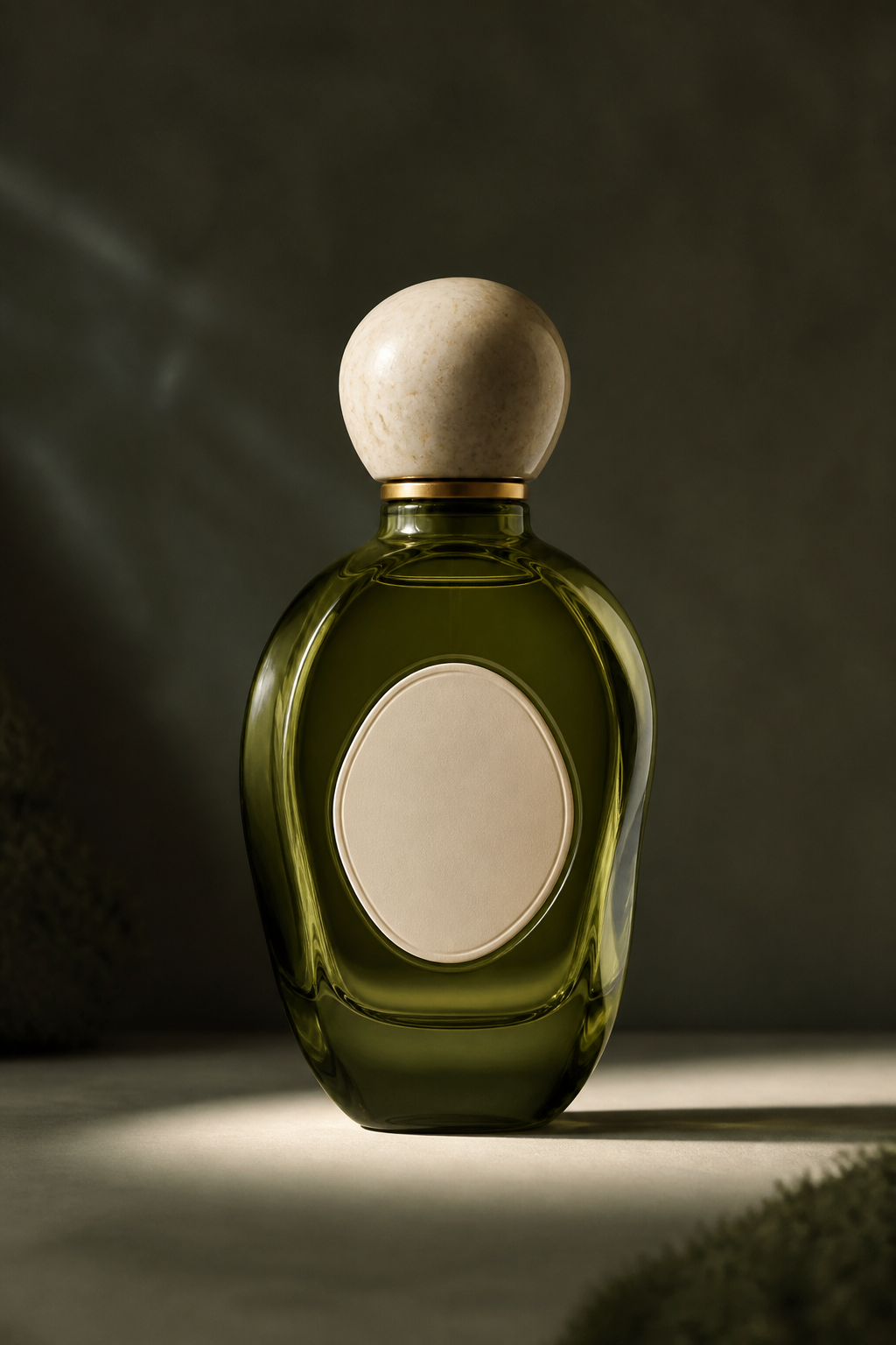 Olive green perfume bottle with a stone cap
